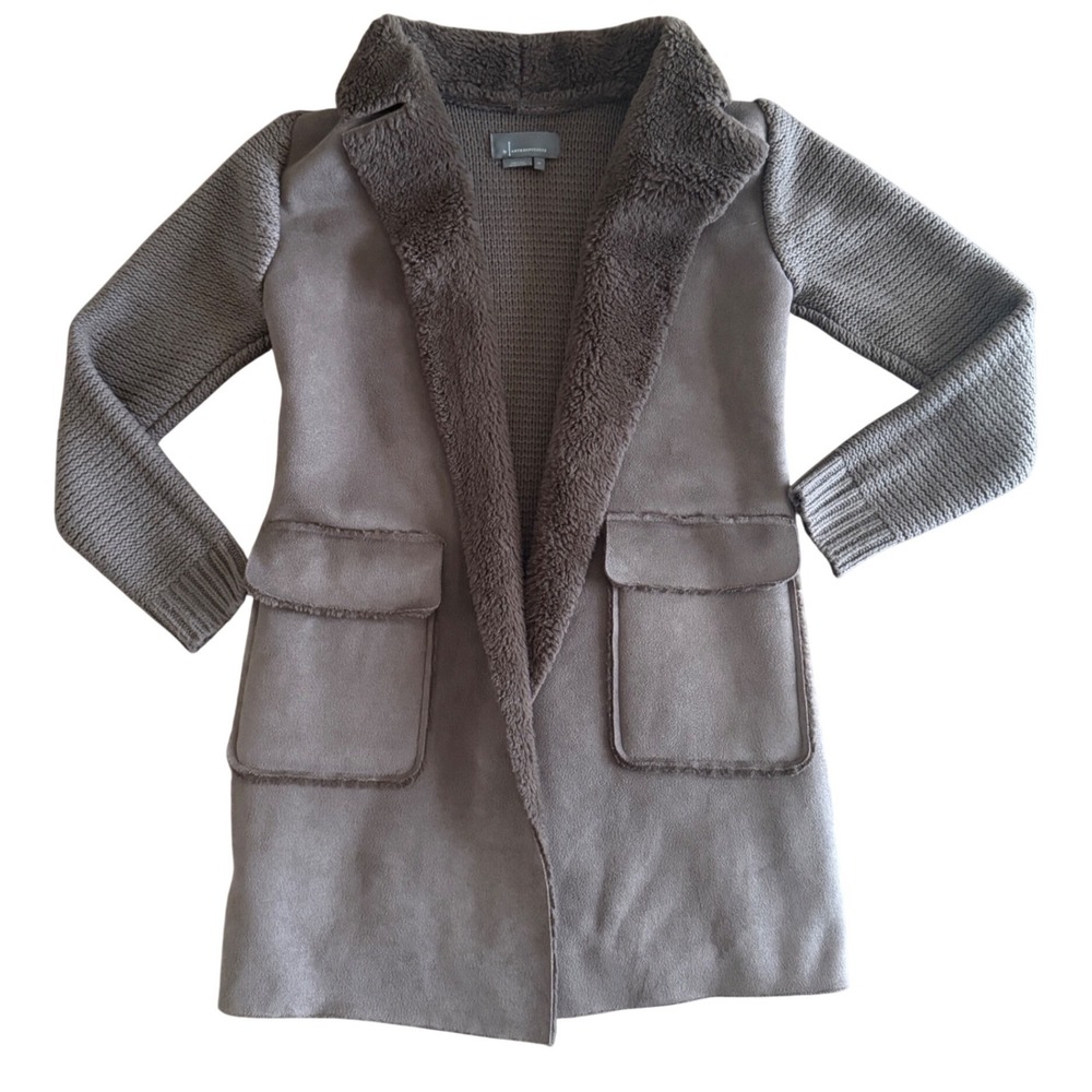 Anthropologie Faux Suede Knit Mixed Media Shearling Trim Coat Jacket XS - Picture 2 of 6